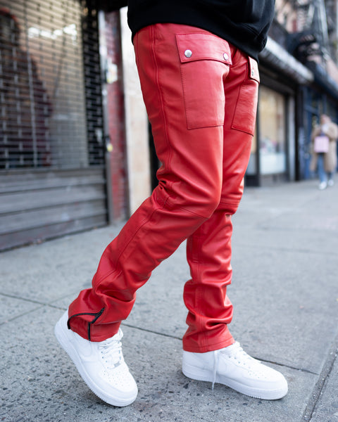 LEATHER PANTS- RED STACKED
