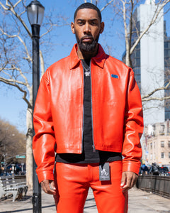 MEN- RED LEATHER CROP BOMBER