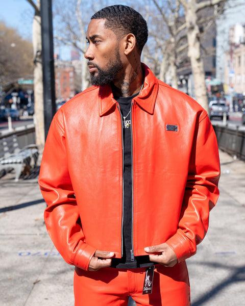 MEN- RED LEATHER CROP BOMBER