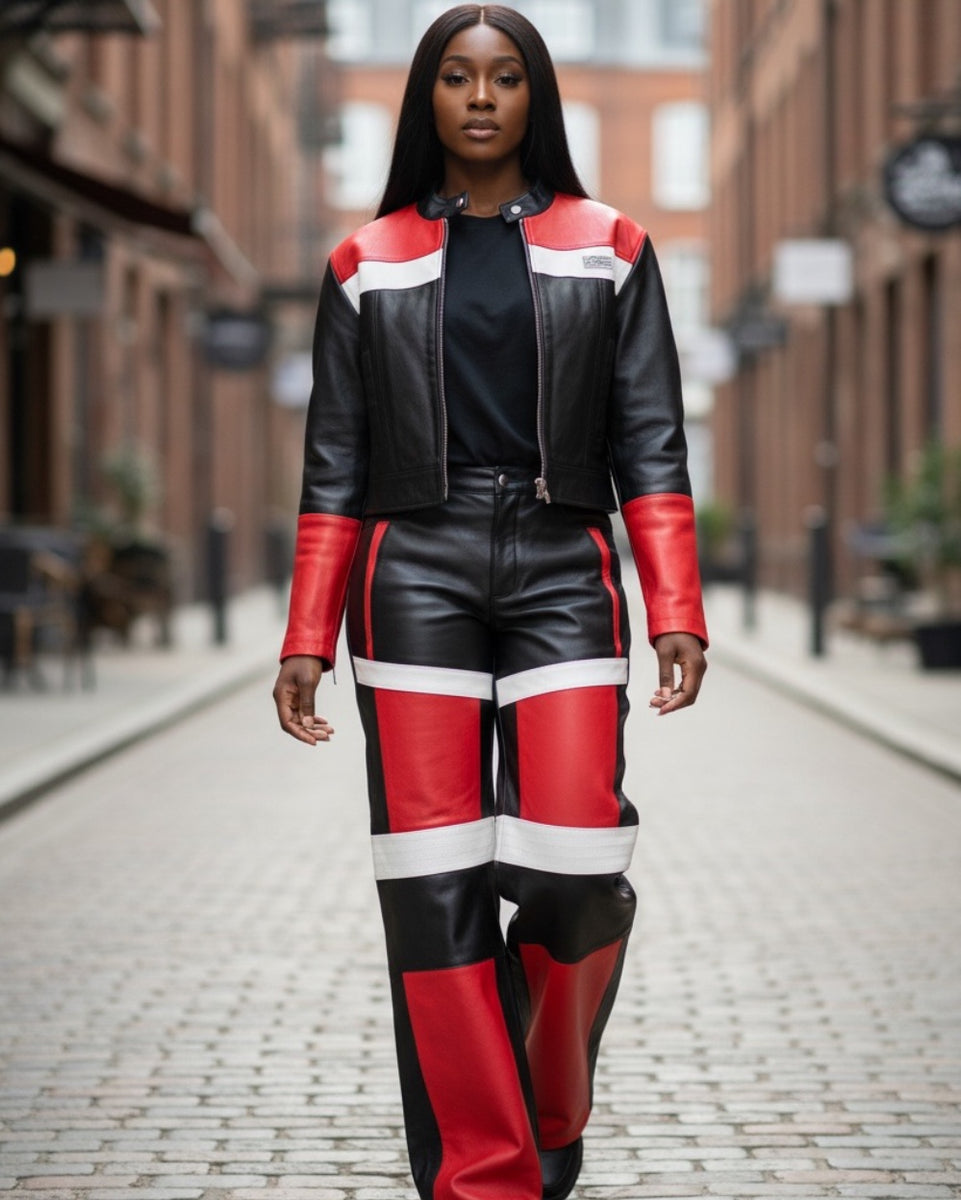 WOMEN- LEATHER SET - MOTO BLACK/RED/WHITE – DaRucci Leather