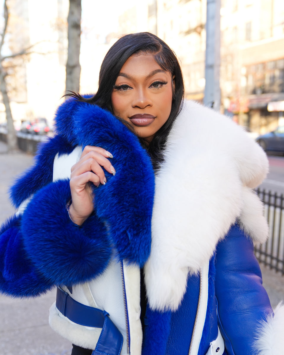 WOMEN SHEARLING- BLUE & WHITE BIKER STYLE WITH FOX FUR – DaRucci