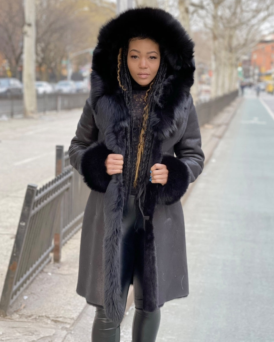 Black Leather Jacket Long Black Shearling Coat Womens WOMEN SHEARLING- 3/4 LONG BLACK SHEARLING WITH BLACK FOX FUR AND HOOD