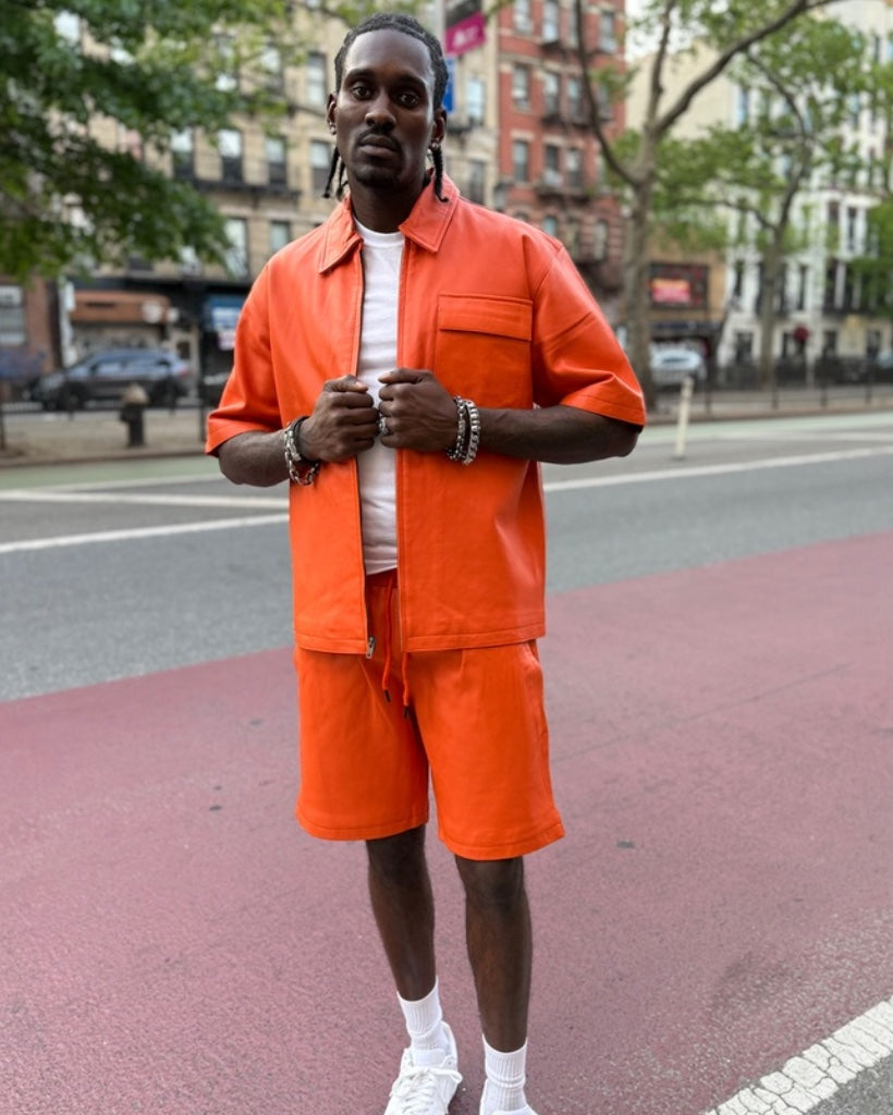 LEATHER SHIRT & SHORTS- ORANGE – DaRucci Leather