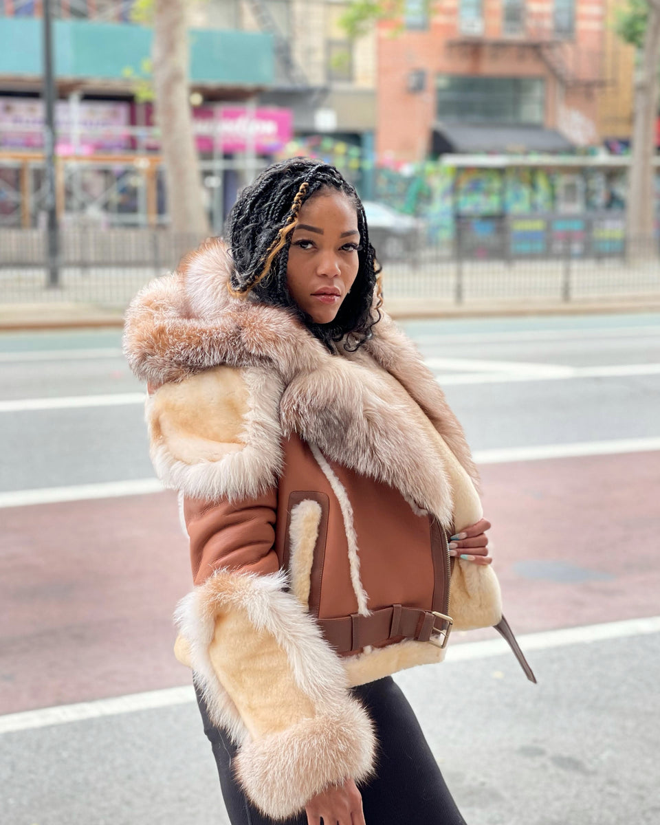 WOMEN SHEARLING- COGNAC BIKER STYLE WITH CRYSTAL FOX HOOD