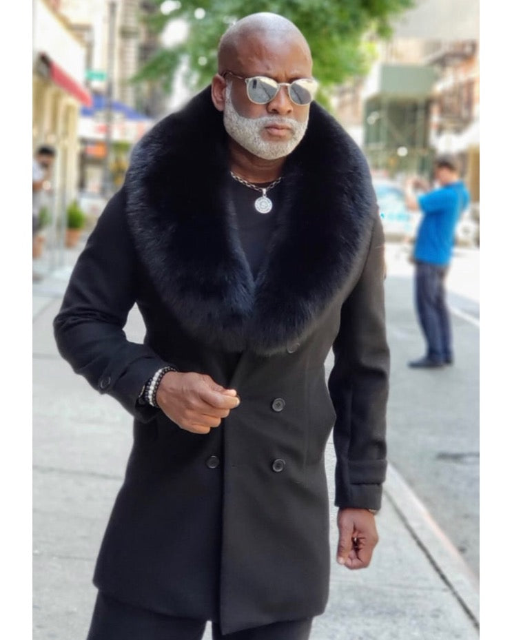 MEN 3/4 PEACOAT- BLACK WITH BLACK FOX FUR COLLAR – DaRucci Leather