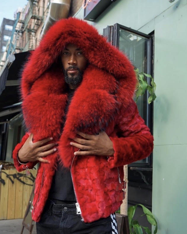 Mens Long Fox Fur Coat Hoodded Winter Coats Oversized Red Real Fur Coat 