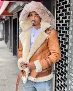 MEN SHEARLING- DISTRESSED COGNAC PILOT STYLE WITH HOOD