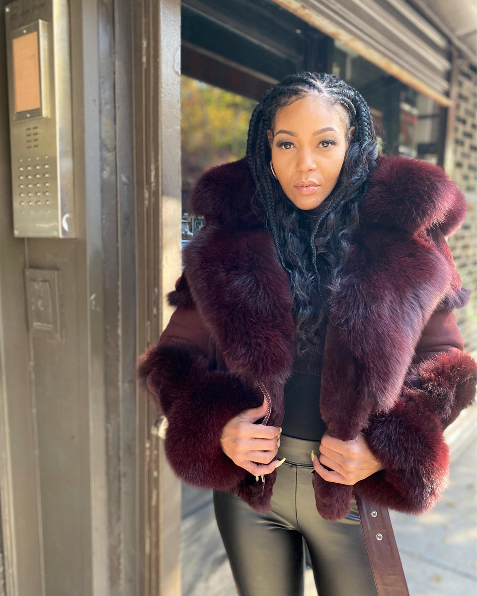 WOMEN SHEARLING- BURGUNDY BIKER STYLE WITH FOX HOOD – DaRucci Leather