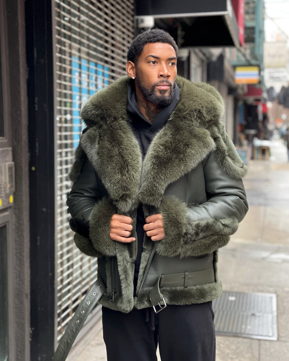 MEN SHEARLING- OLIVE GREEN BIKER STYLE WITH FOX FUR – DaRucci Leather