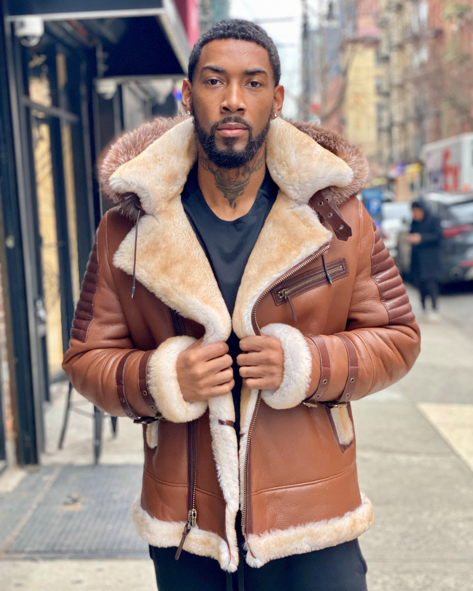 Brown Shearling Leather Bomber Jacket