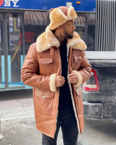 MEN SHEARLING- COGNAC 3/4 TRENCH WITH POCKET