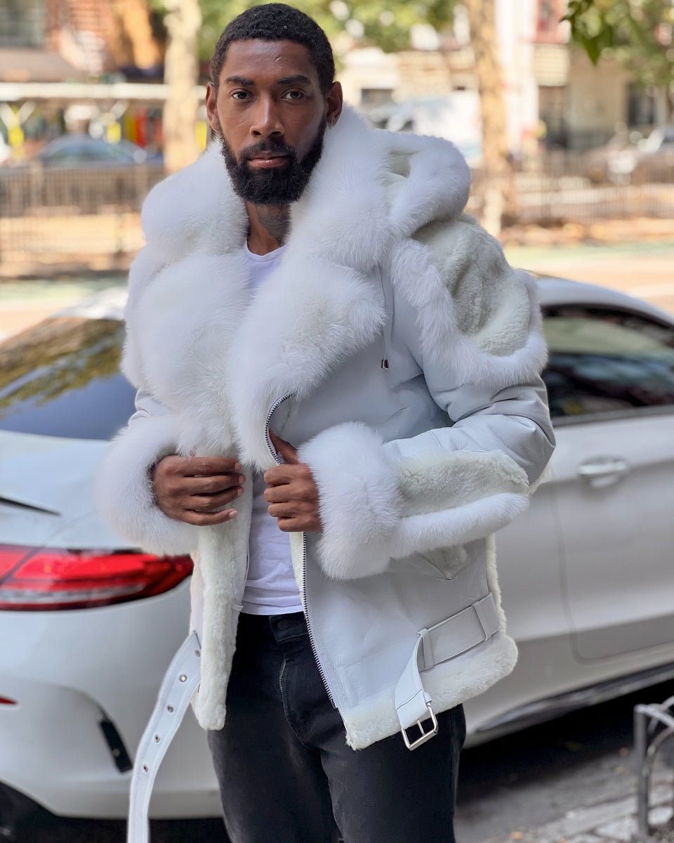 MEN SHEARLING- WHITE BIKER STYLE WITH WHITE FOX FUR & HOOD
