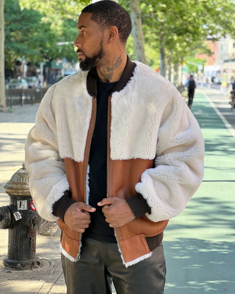 MEN SHEARLING- COGNAC REVERSABLE BASEBALL STYLE BOMBER – DaRucci