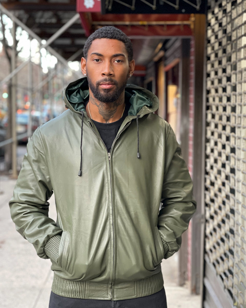 MEN LEATHER HOODIE- OLIVE GREEN – DaRucci Leather