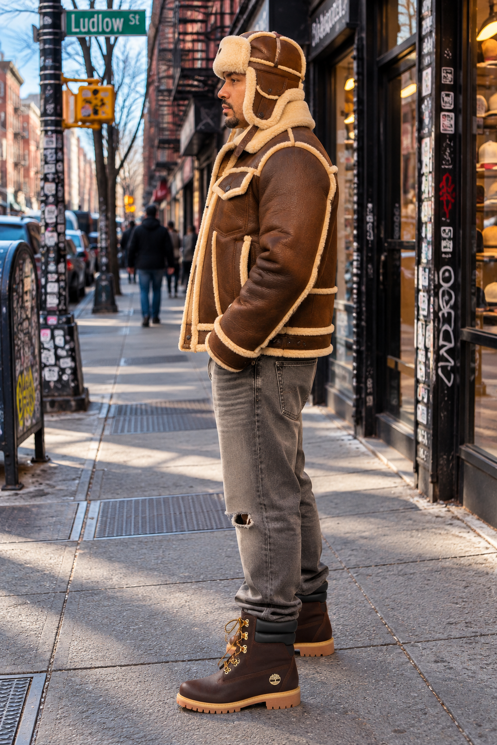 MEN SHEARLING-  DENIM DISTRESSED BROWN