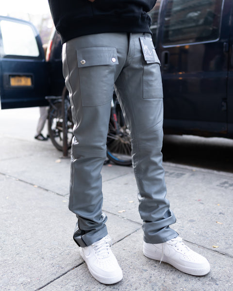 LEATHER PANTS- GREY STACKED
