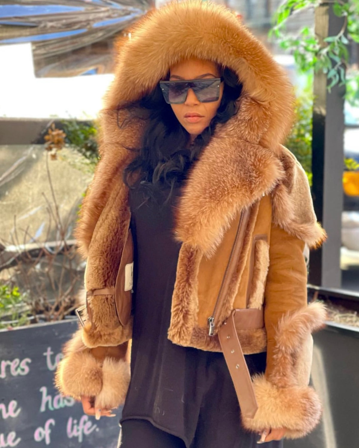 WOMEN SHEARLING- RUSTY BROWN BIKER STYLE WITH CRYSTAL FOX HOOD