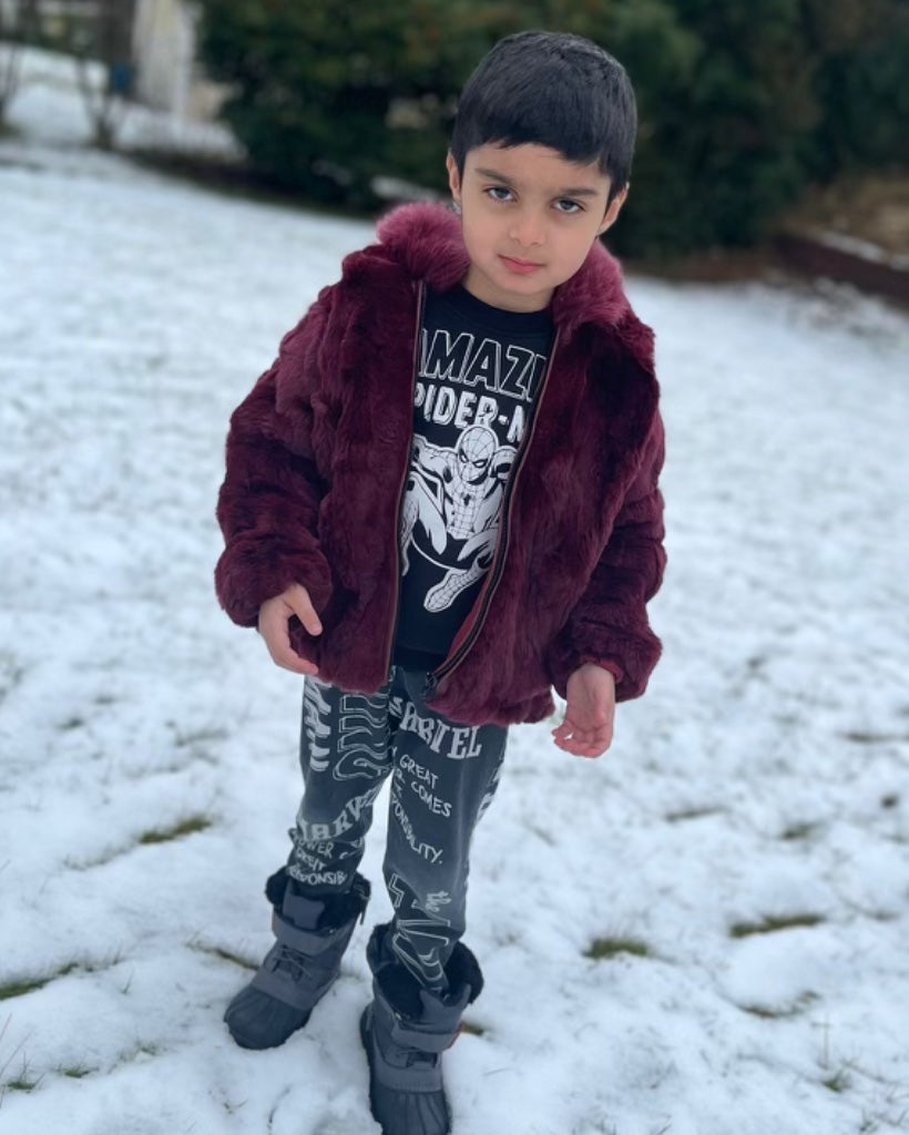 KIDS- BURGUNDY FUR WITH HOOD