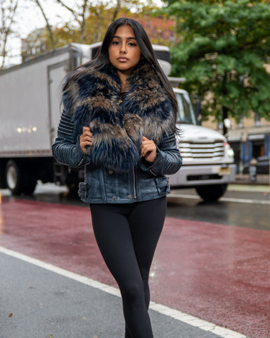 WOMEN LEATHER- WAX BLUE BIKER RIBBLES WITH MIX BLUE FOX FUR