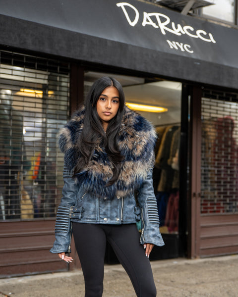 WOMEN LEATHER- WAX BLUE BIKER RIBBLES WITH MIX BLUE FOX FUR