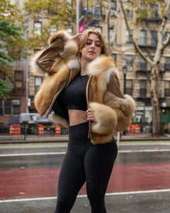 WOMEN FOX FUR-  GOLDEN LEATHER AND FUR MIX BIKER STYLE