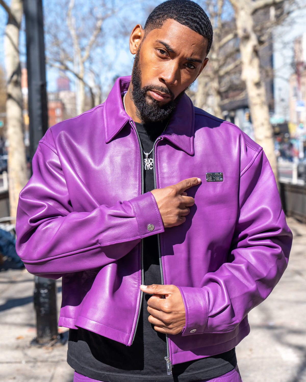 MEN- PURPLE LEATHER CROP BOMBER