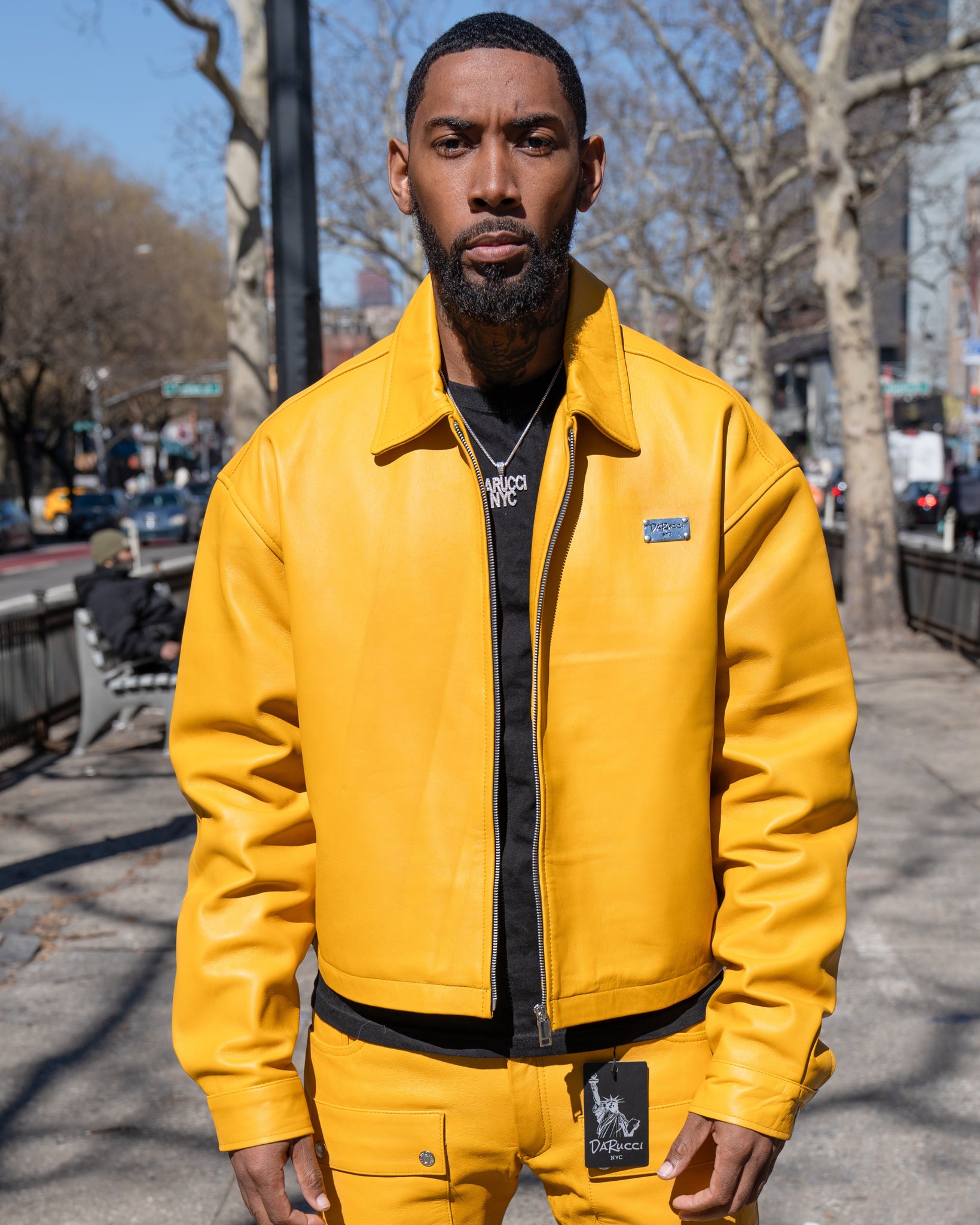 MEN- YELLOW LEATHER CROP BOMBER - Main Image