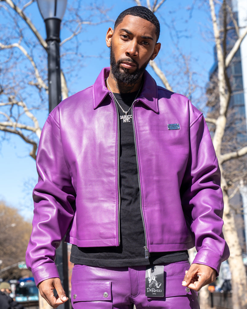 MEN- PURPLE LEATHER CROP BOMBER - Main Image