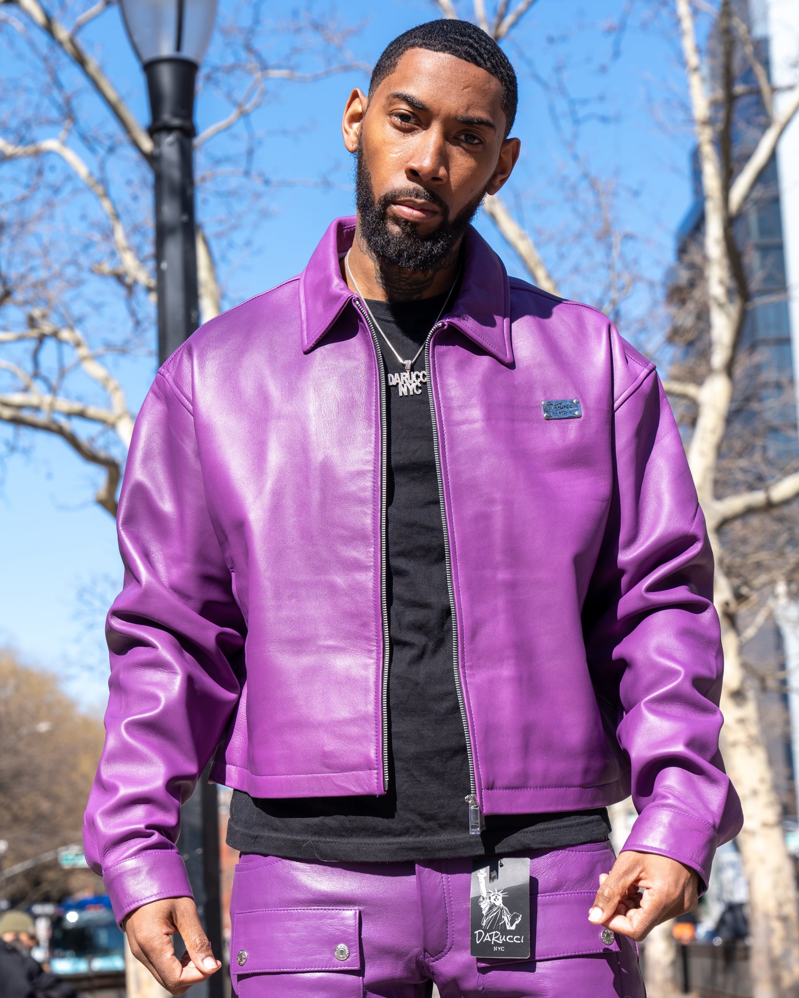 MEN- PURPLE LEATHER CROP BOMBER DaRucci Leather MEN- PURPLE LEATHER CROP BOMBER DaRucci Leather