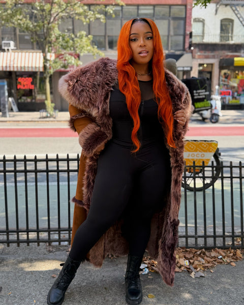 WOMEN SHEARLING- FULL LENGTH BROWN SHEARLING WITH HOOD