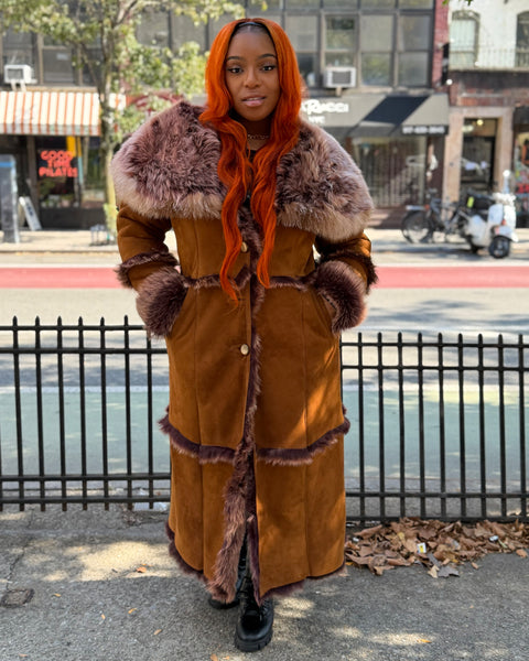 WOMEN SHEARLING- FULL LENGTH BROWN SHEARLING WITH HOOD