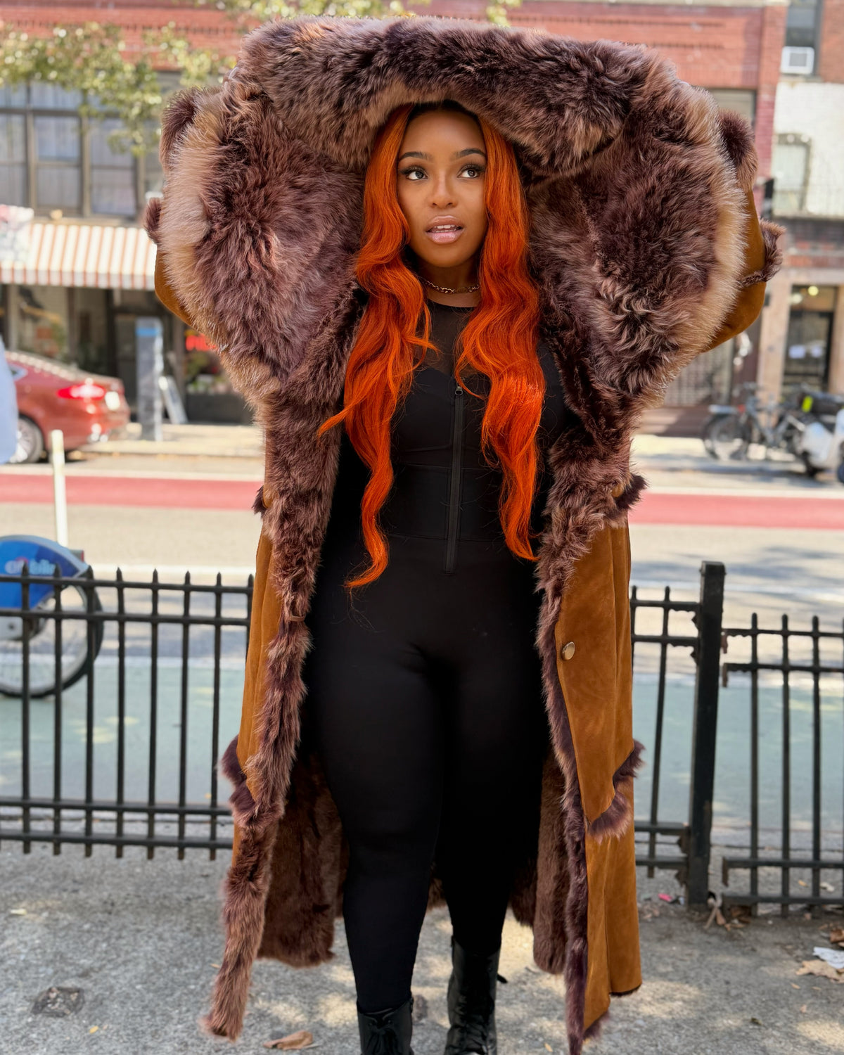 WOMEN SHEARLING- FULL LENGTH BROWN SHEARLING WITH HOOD