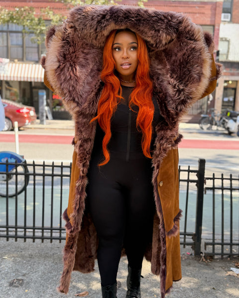 WOMEN SHEARLING- FULL LENGTH BROWN SHEARLING WITH HOOD