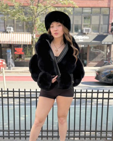 WOMEN FOX FUR-  BLACK LEATHER AND FUR MIX BIKER STYLE