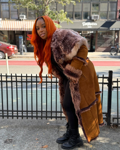 WOMEN SHEARLING- FULL LENGTH BROWN SHEARLING WITH HOOD