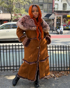 WOMEN SHEARLING- FULL LENGTH BROWN SHEARLING WITH HOOD