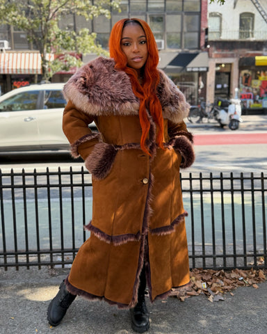WOMEN SHEARLING- FULL LENGTH BROWN SHEARLING WITH HOOD