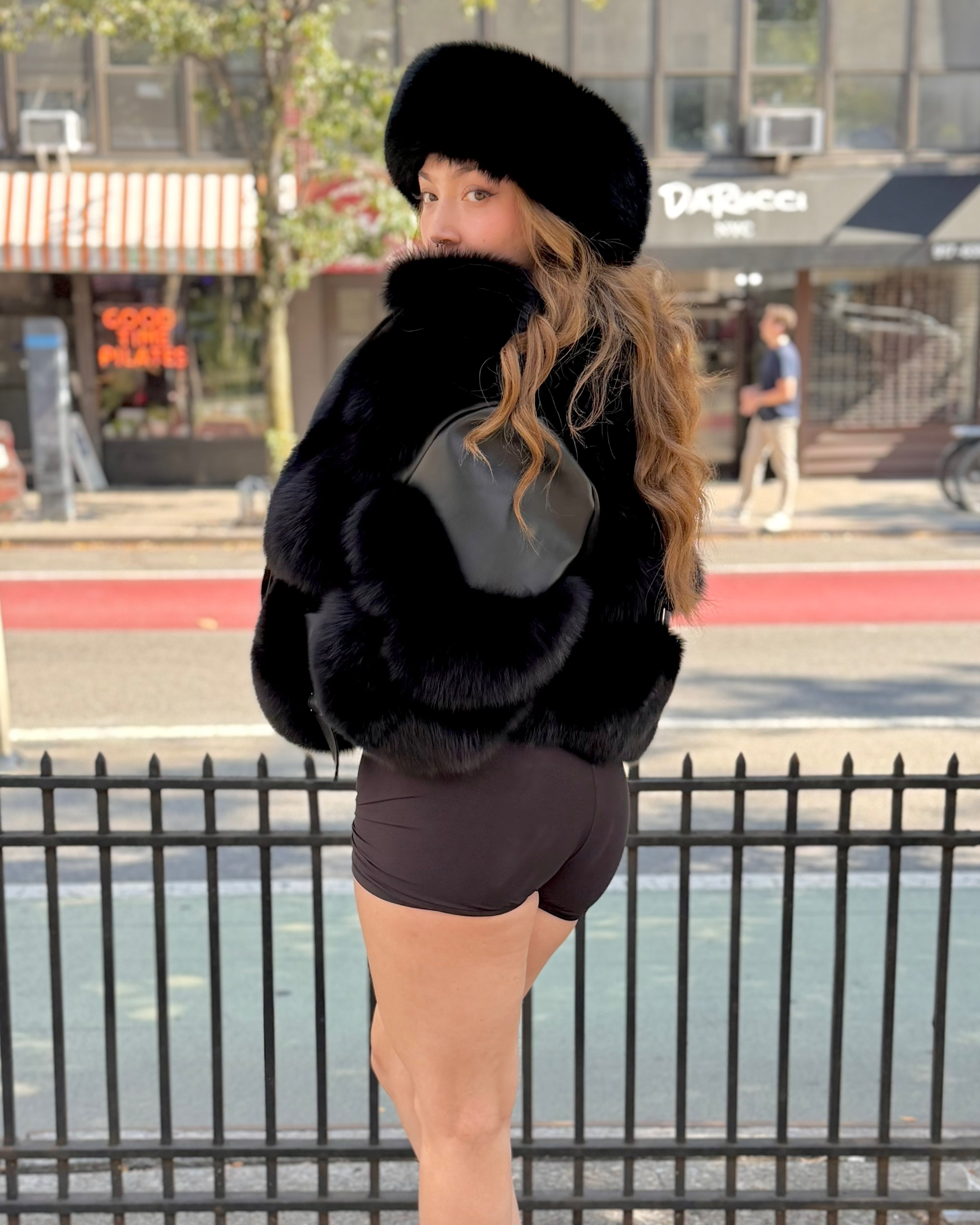 WOMEN FOX FUR-  BLACK LEATHER AND FUR MIX BIKER STYLE