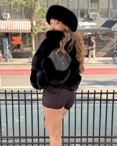 WOMEN FOX FUR-  BLACK LEATHER AND FUR MIX BIKER STYLE