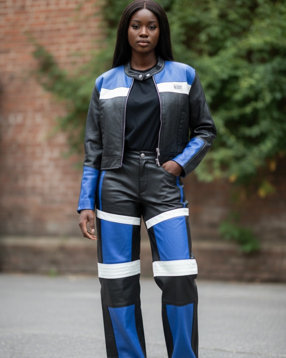 WOMEN- LEATHER SET - MOTO BLACK/BLUE/WHITE