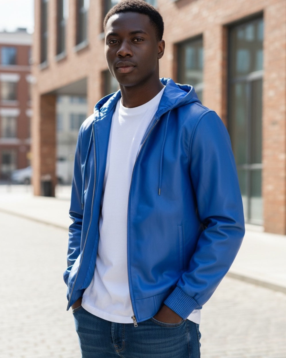 MEN LEATHER HOODIE- ROYAL BLUE