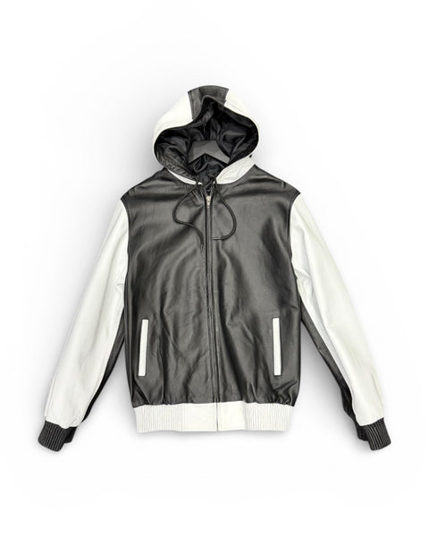 MEN LEATHER HOODIE- MULTI COLOR BLACK & WHITE