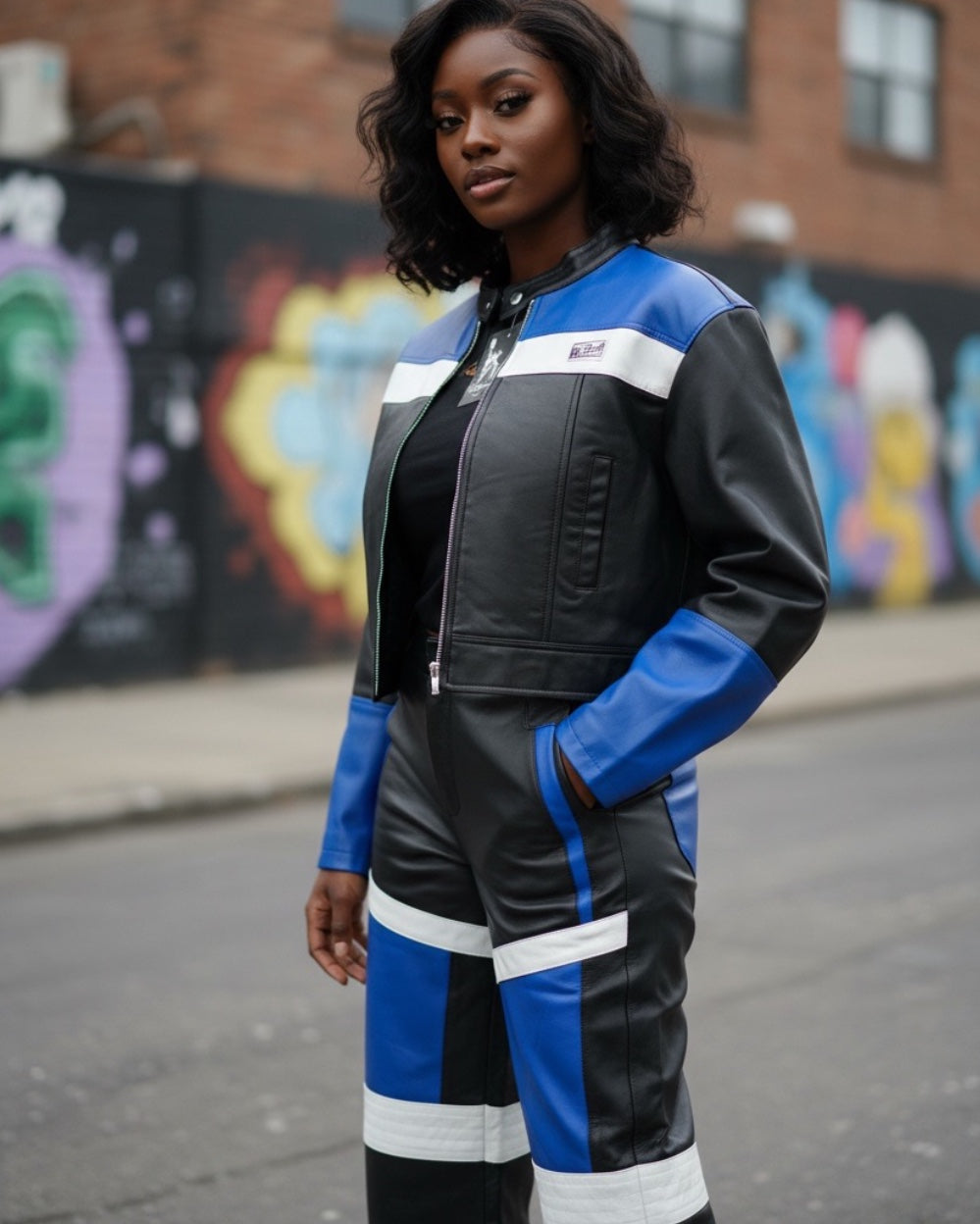 WOMEN- LEATHER SET - MOTO BLACK/BLUE/WHITE