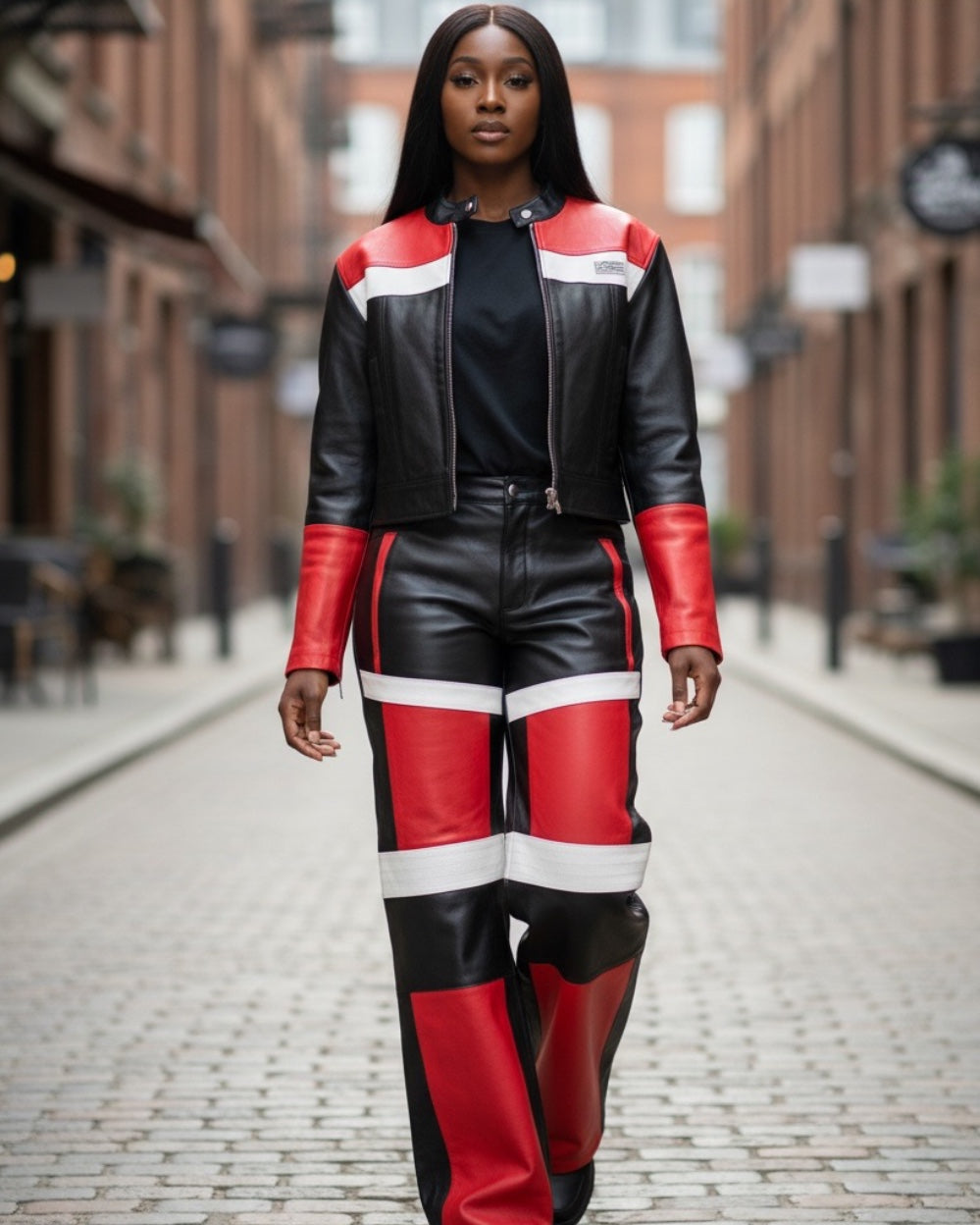 WOMEN- LEATHER SET - MOTO BLACK/RED/WHITE