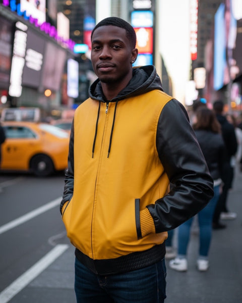 MEN LEATHER HOODIE- MULTI COLOR YELLOW & BLACK