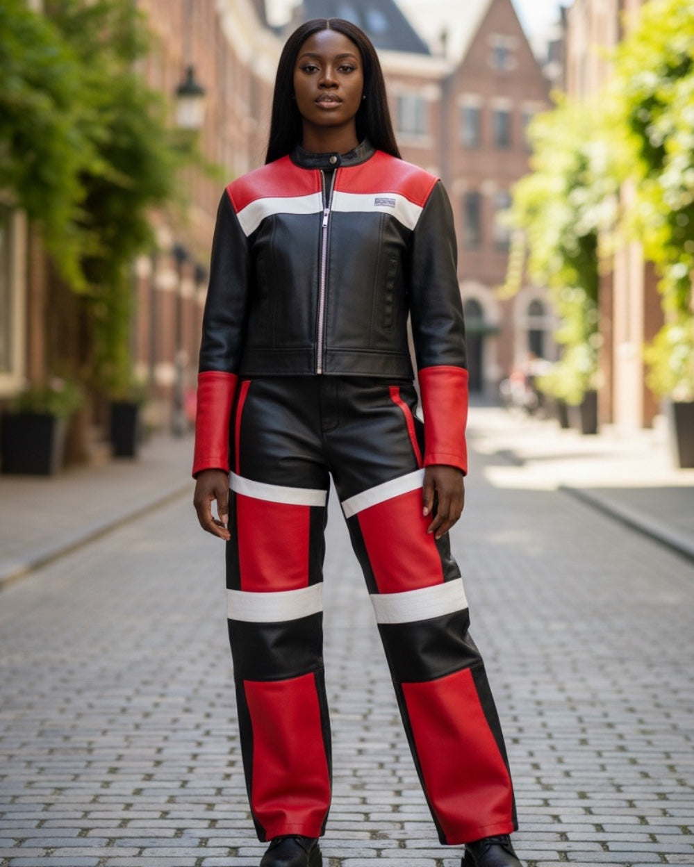 WOMEN- LEATHER SET - MOTO BLACK/RED/WHITE