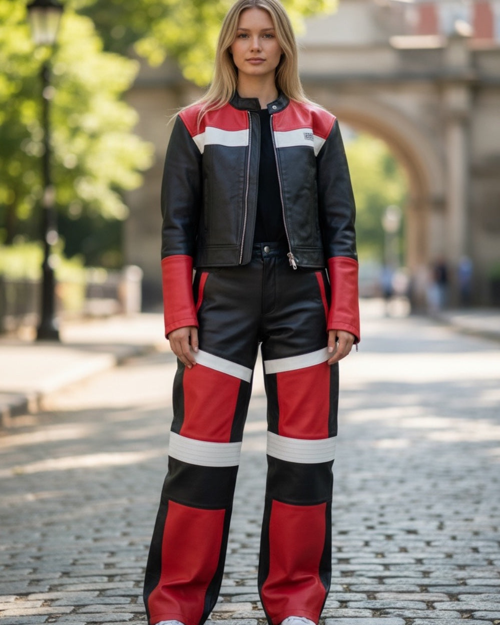 WOMEN- LEATHER SET - MOTO BLACK/RED/WHITE