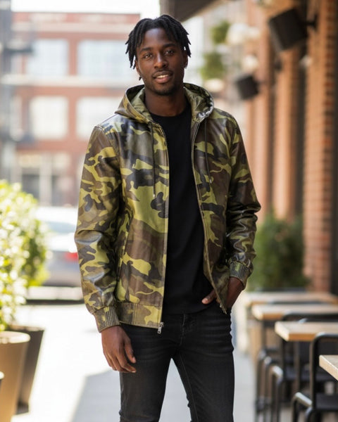 MEN LEATHER HOODIE- CAMO
