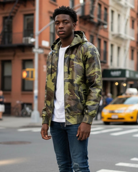 MEN LEATHER HOODIE- CAMO