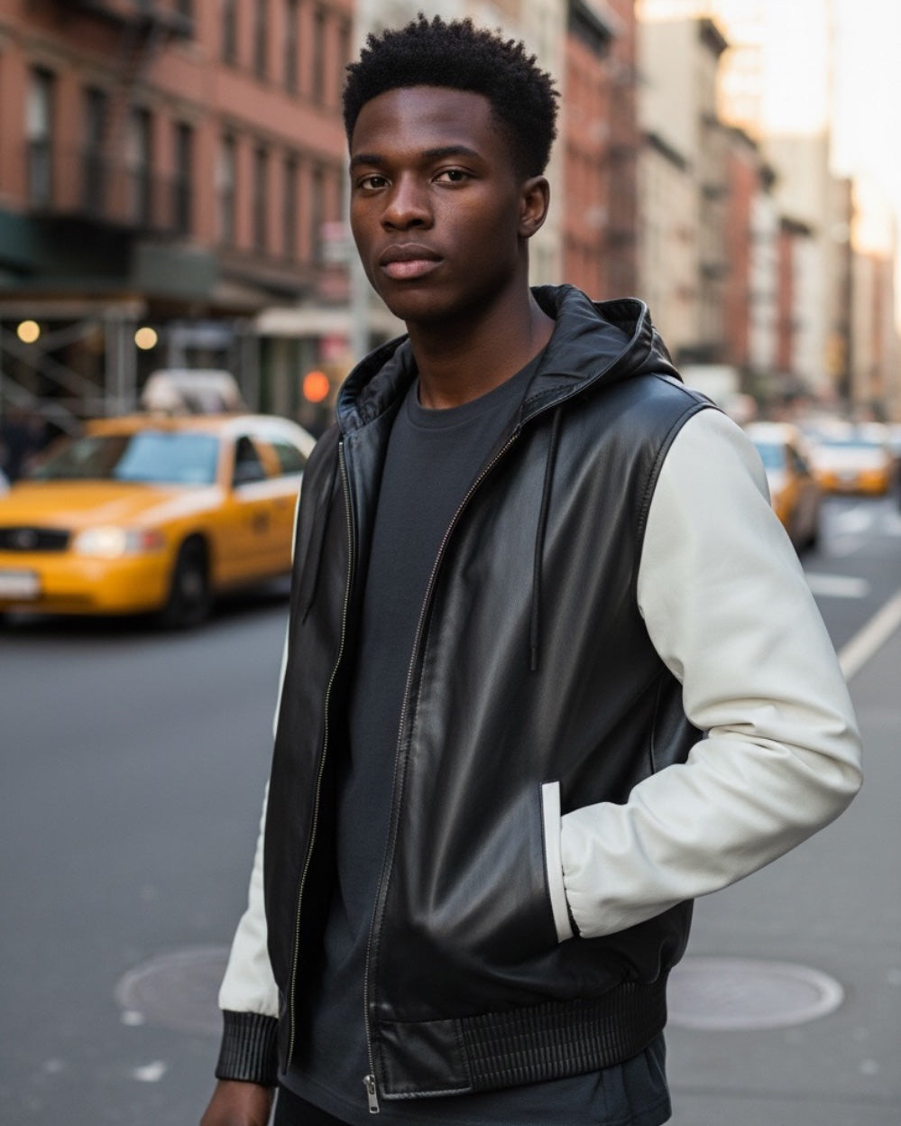 MEN LEATHER HOODIE- MULTI COLOR BLACK & WHITE